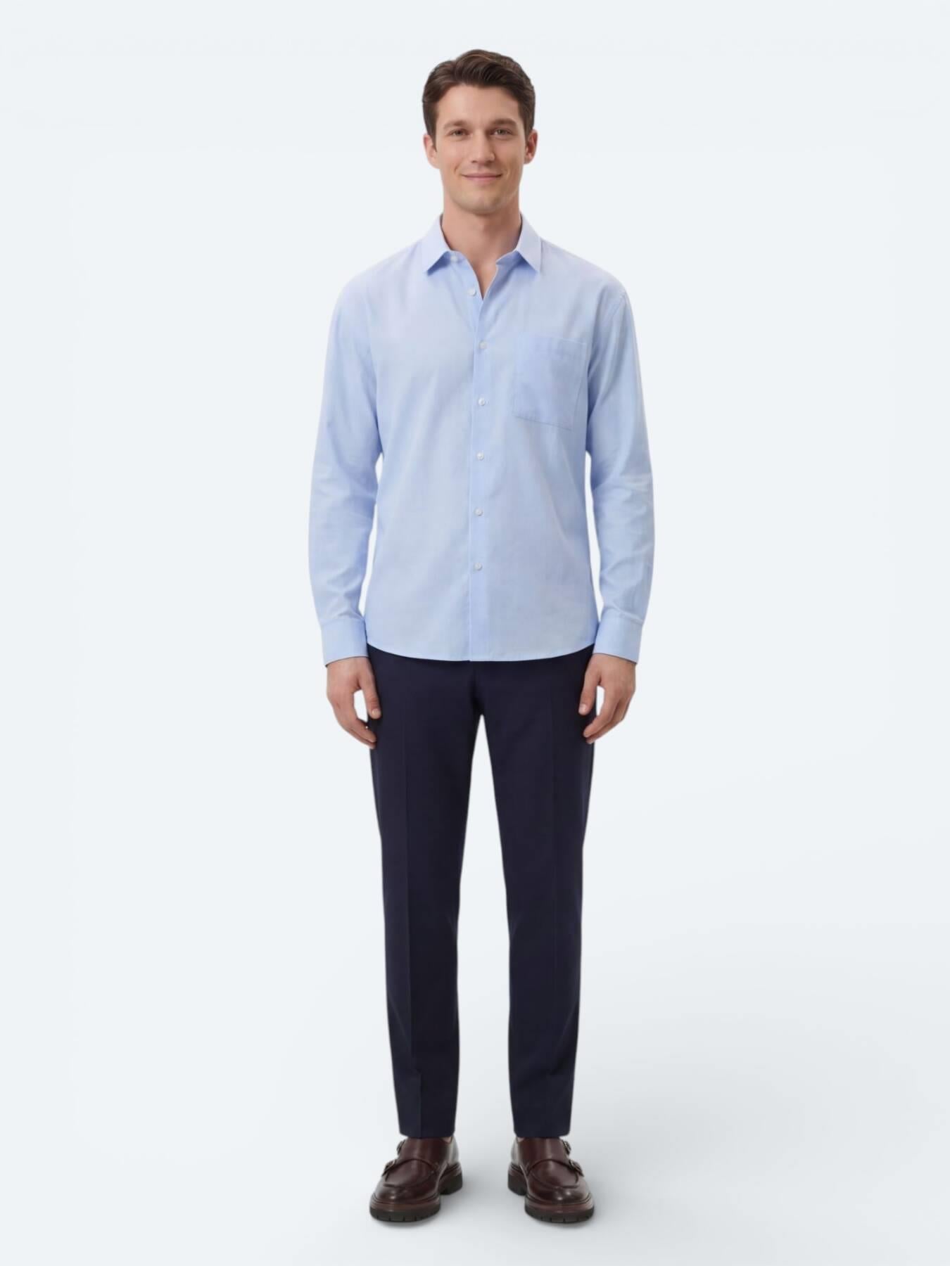 Açık Mavi Düz Oversize Fit Uzun Dokuma Casual Gömlek