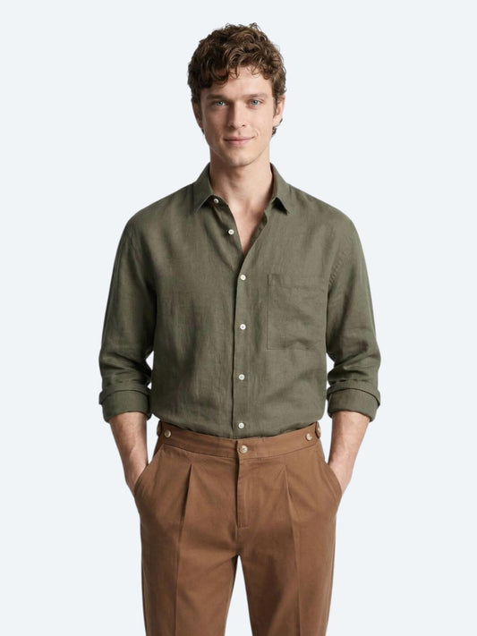 Haki Düz Oversize Fit Uzun Dokuma Casual Gömlek