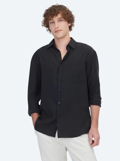 Siyah Düz Oversize Fit Uzun Dokuma Casual Gömlek