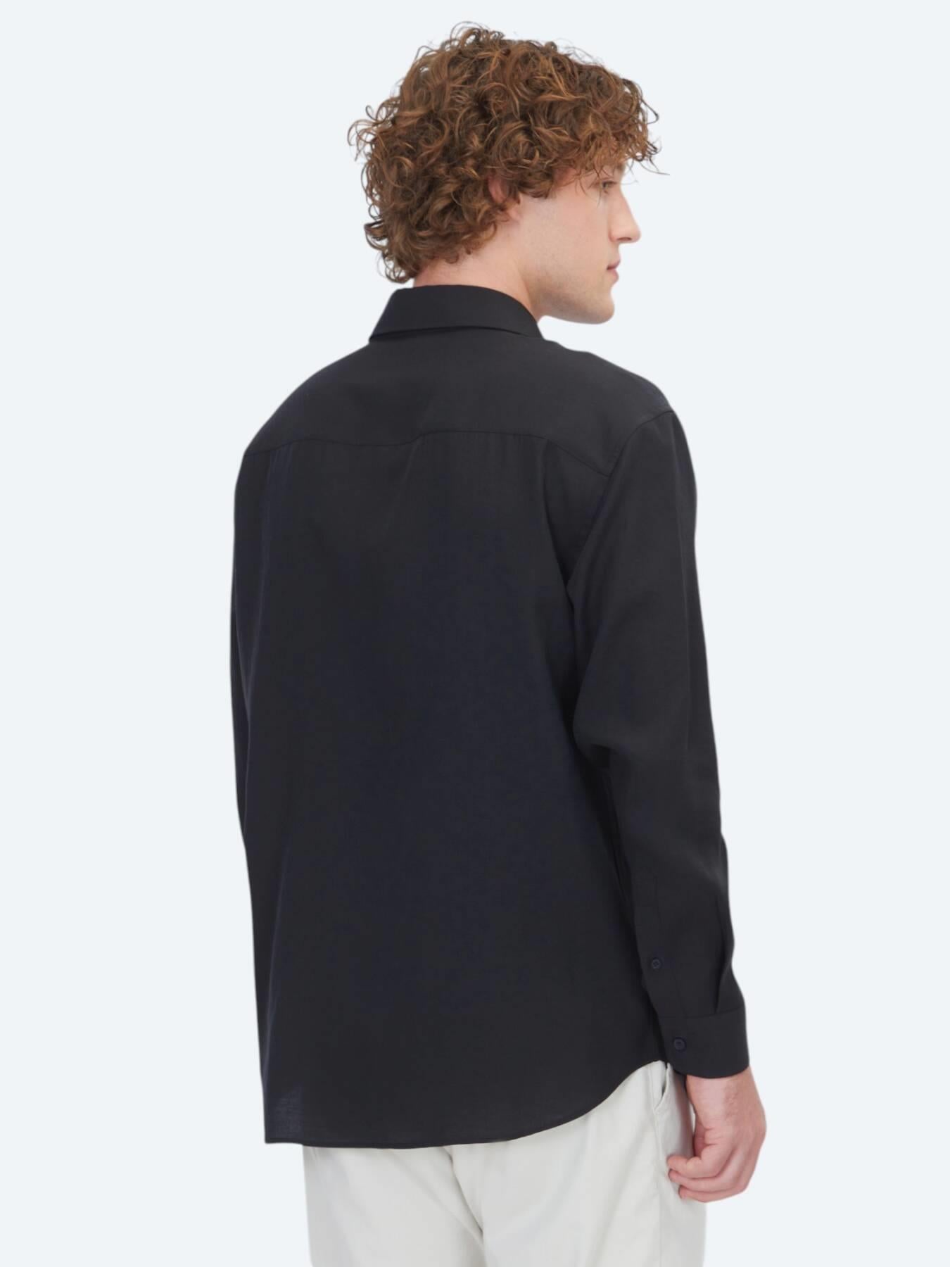 Siyah Düz Oversize Fit Uzun Dokuma Casual Gömlek