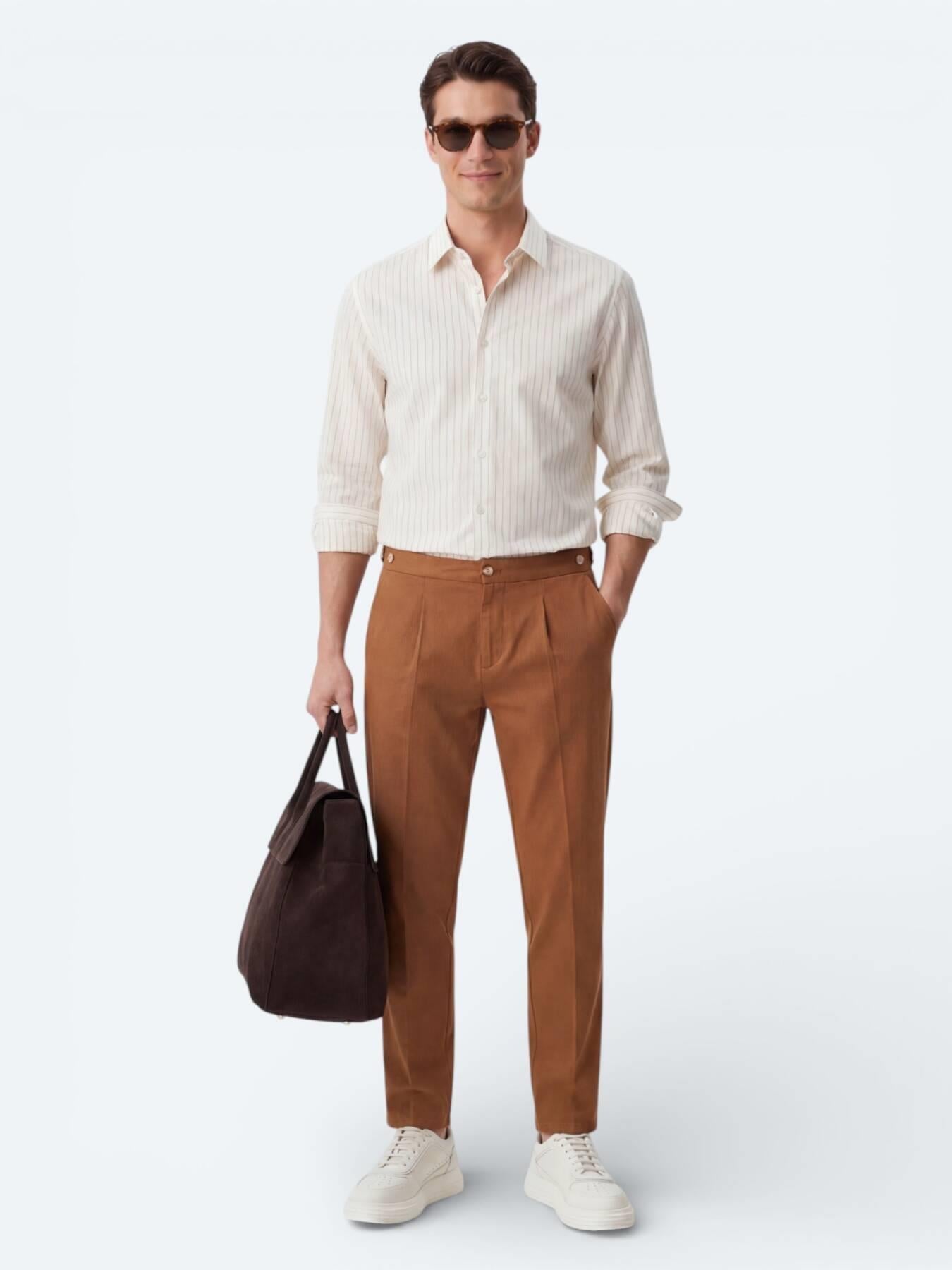 Safran Çizgili Regular Fit Uzun Dokuma Casual Gömlek