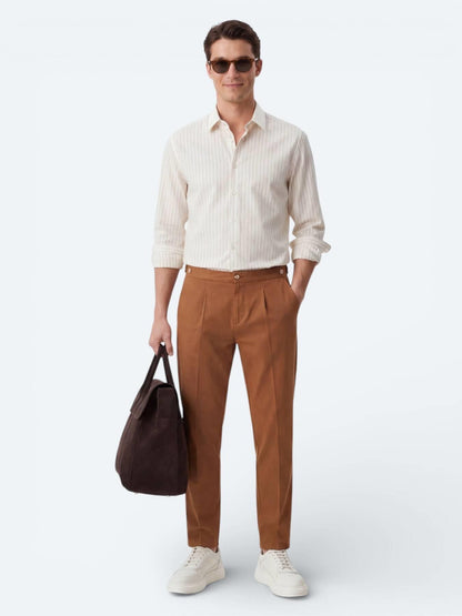 Safran Çizgili Regular Fit Uzun Dokuma Casual Gömlek
