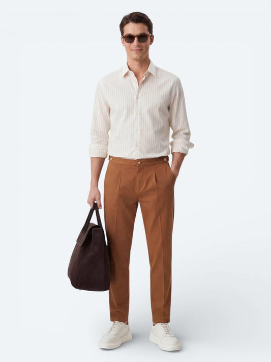 Safran Çizgili Regular Fit Uzun Dokuma Casual Gömlek