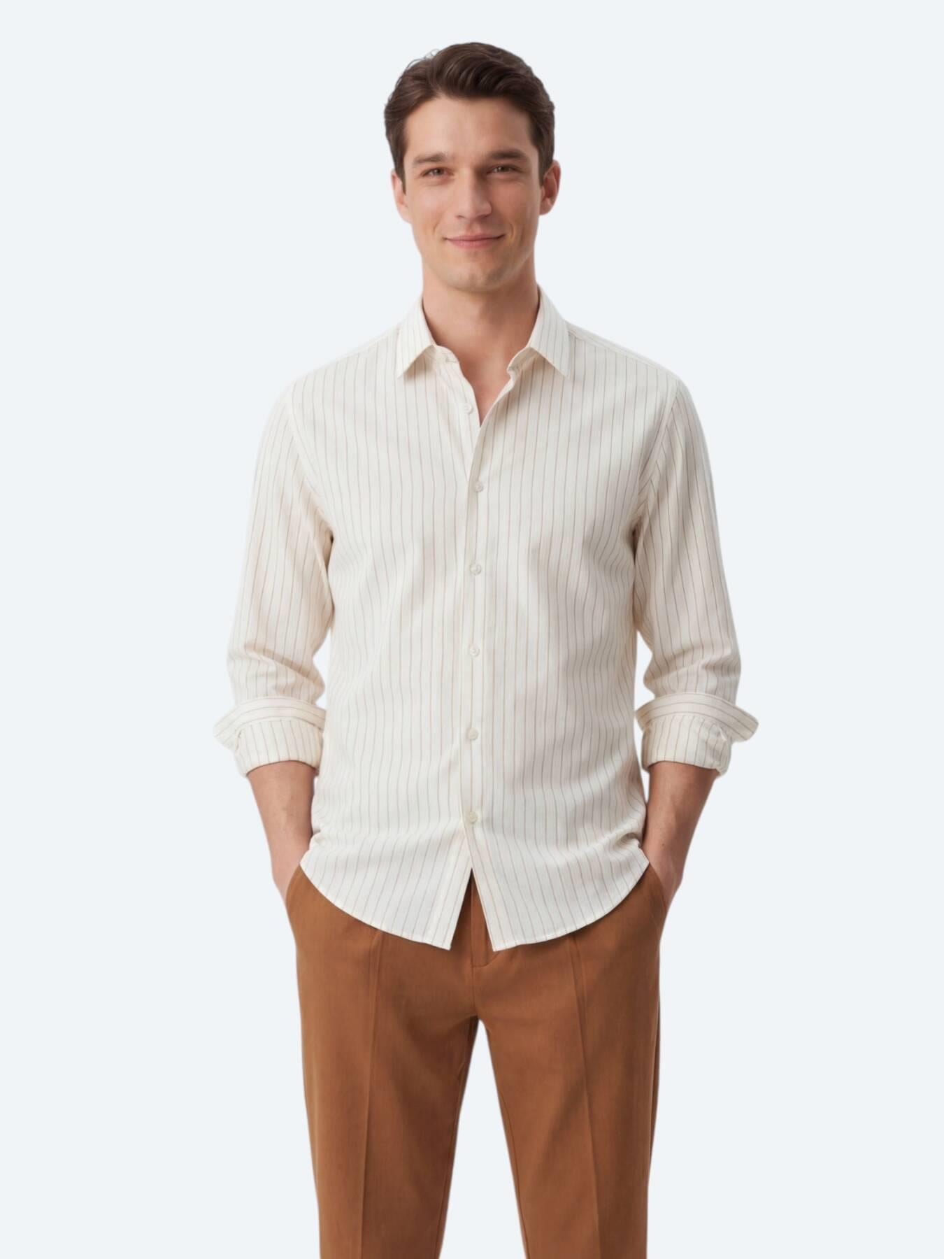 Safran Çizgili Regular Fit Uzun Dokuma Casual Gömlek