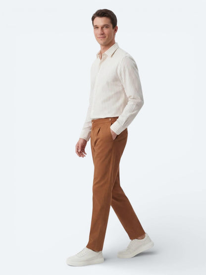Safran Çizgili Regular Fit Uzun Dokuma Casual Gömlek