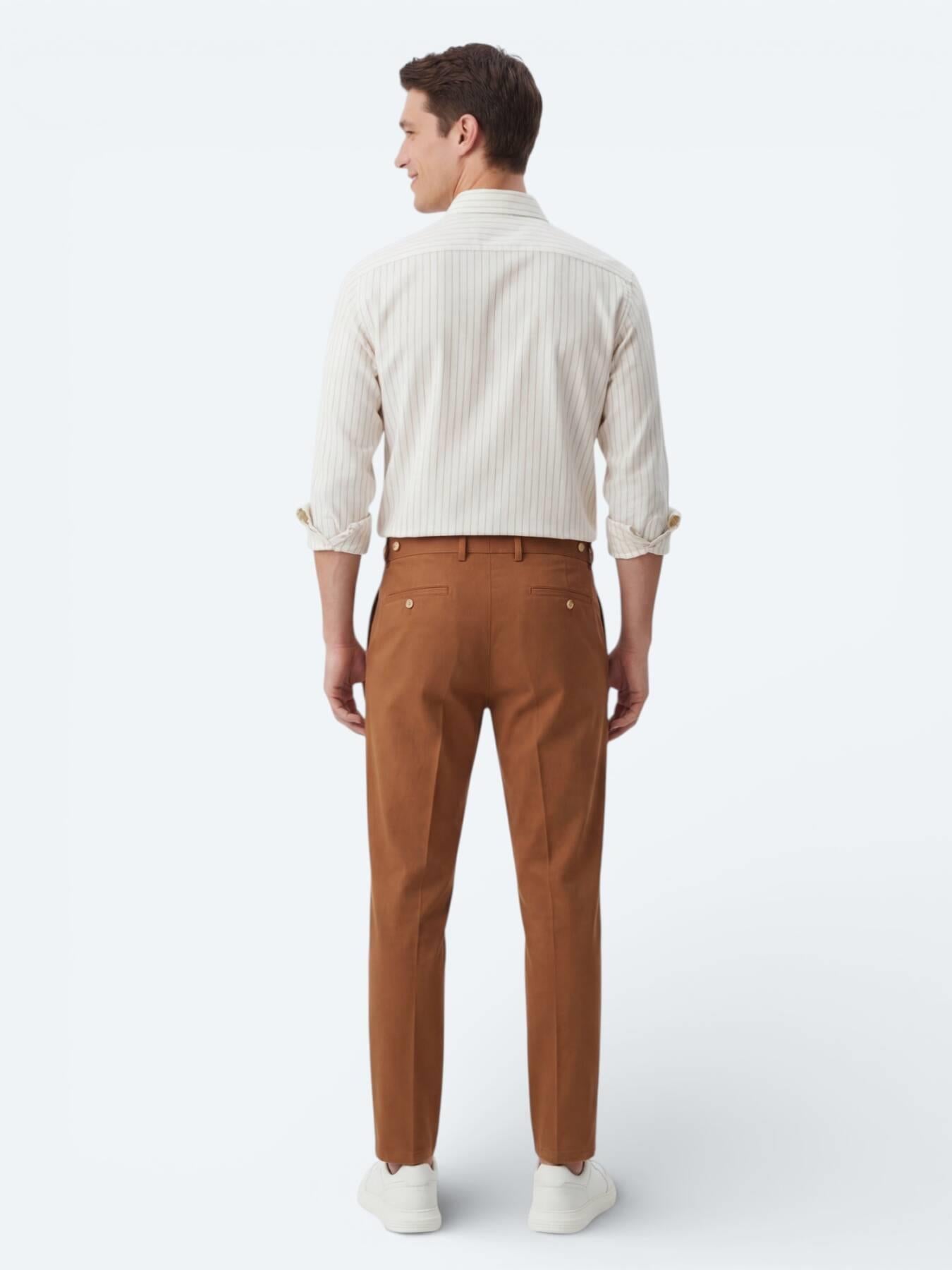 Safran Çizgili Regular Fit Uzun Dokuma Casual Gömlek