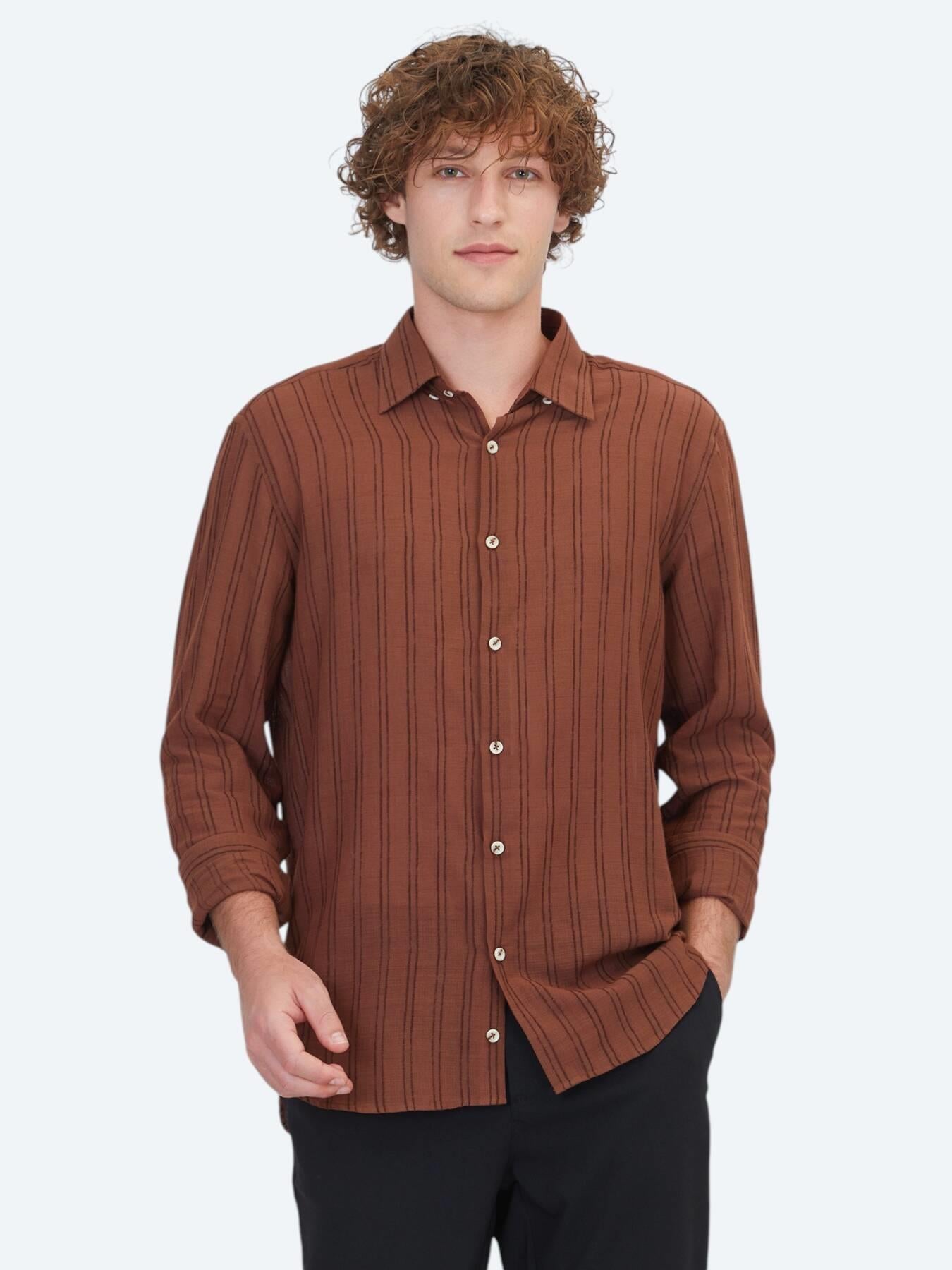 Kahverengi Çizgili Regular Fit Uzun Dokuma Casual Pamuk Karışımlı Gömlek
