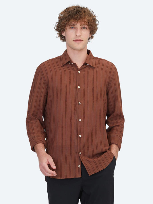 Kahverengi Çizgili Regular Fit Uzun Dokuma Casual Pamuk Karışımlı Gömlek
