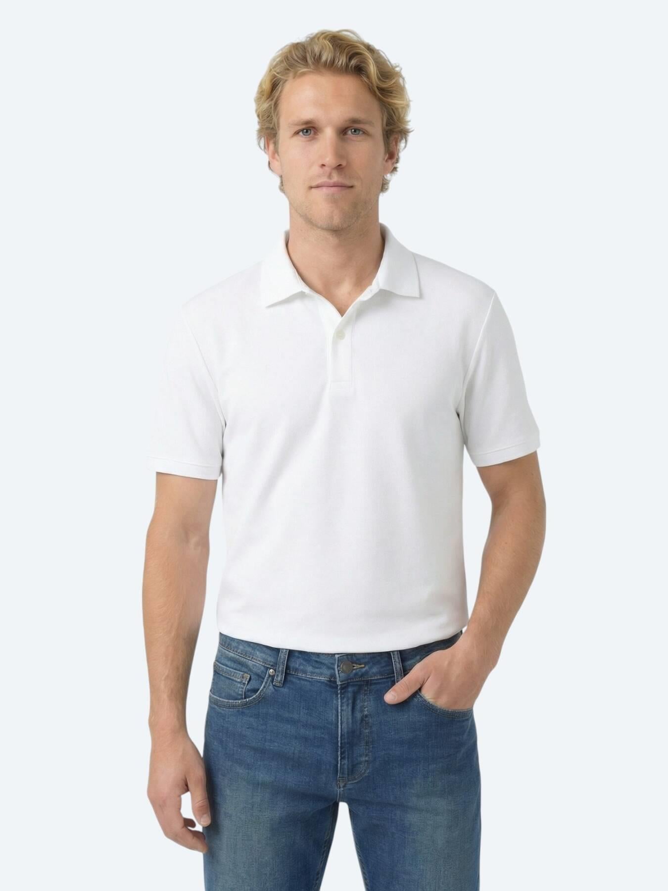 Beyaz Düz Polo Yaka Pamuk Karışımlı T-shirt