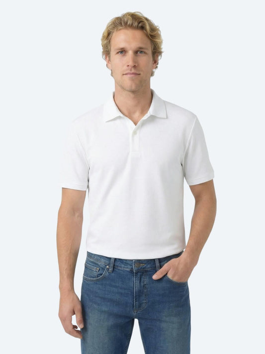 Beyaz Düz Polo Yaka Pamuk Karışımlı T-shirt