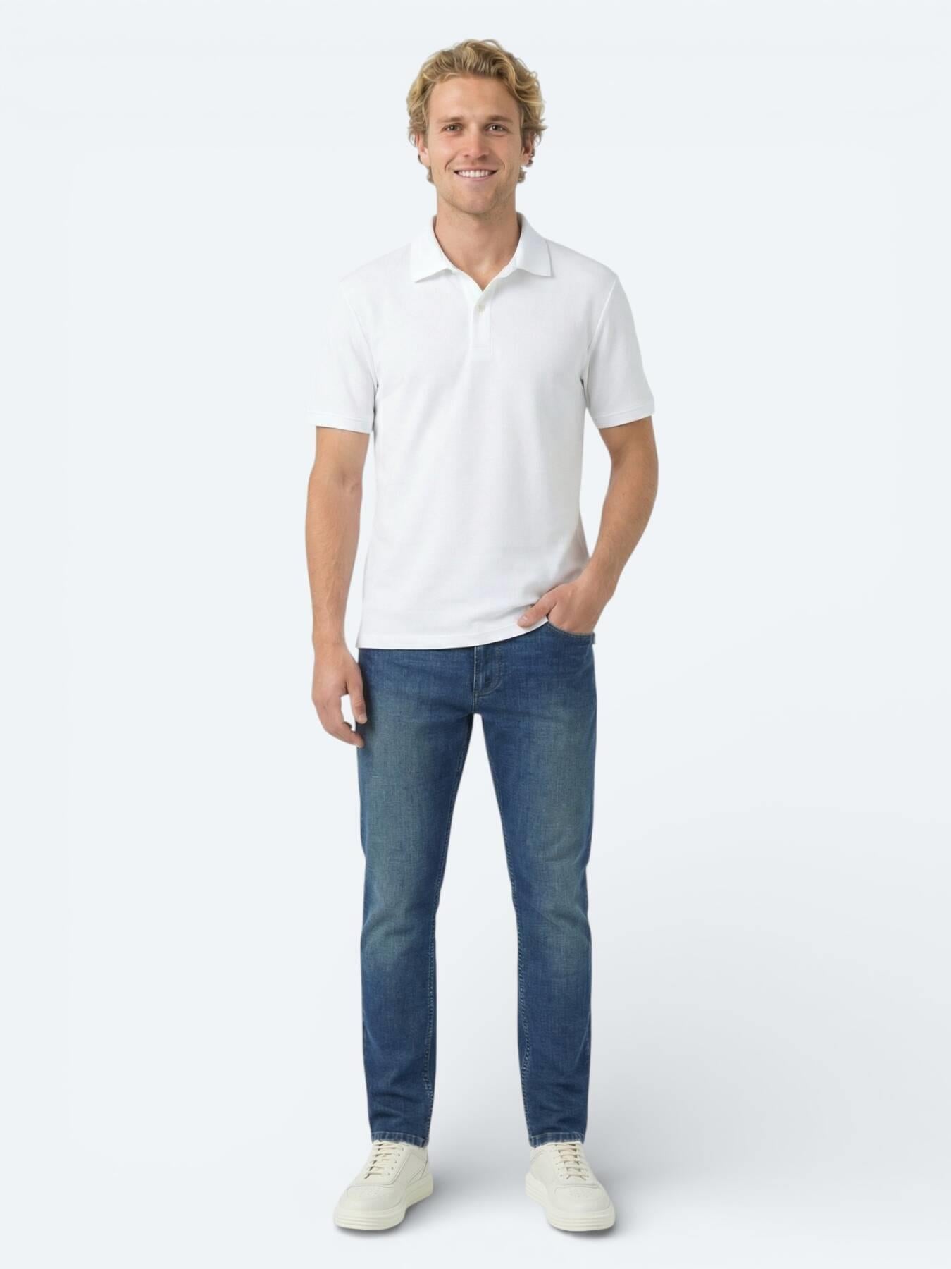 Beyaz Düz Polo Yaka Pamuk Karışımlı T-shirt