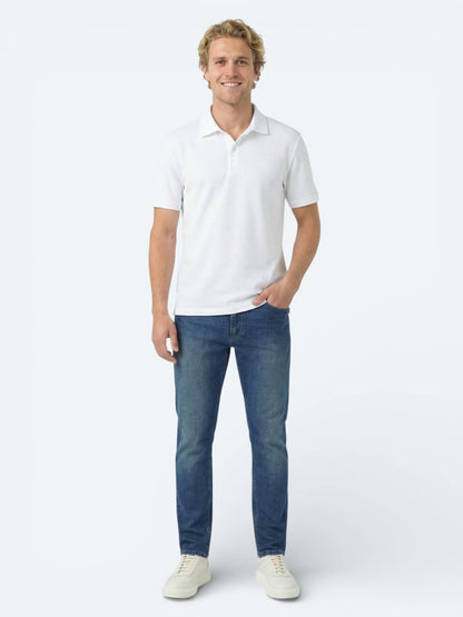 Beyaz Düz Polo Yaka Pamuk Karışımlı T-shirt