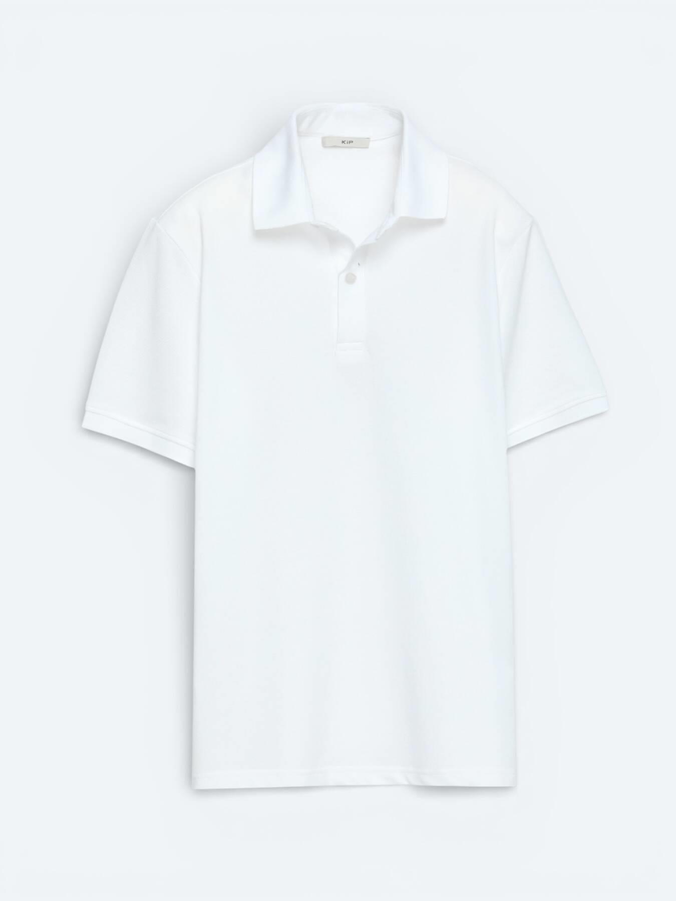 Beyaz Düz Polo Yaka Pamuk Karışımlı T-shirt