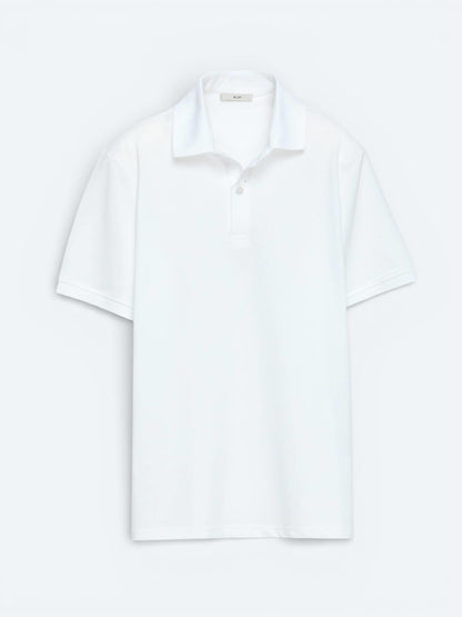 Beyaz Düz Polo Yaka Pamuk Karışımlı T-shirt