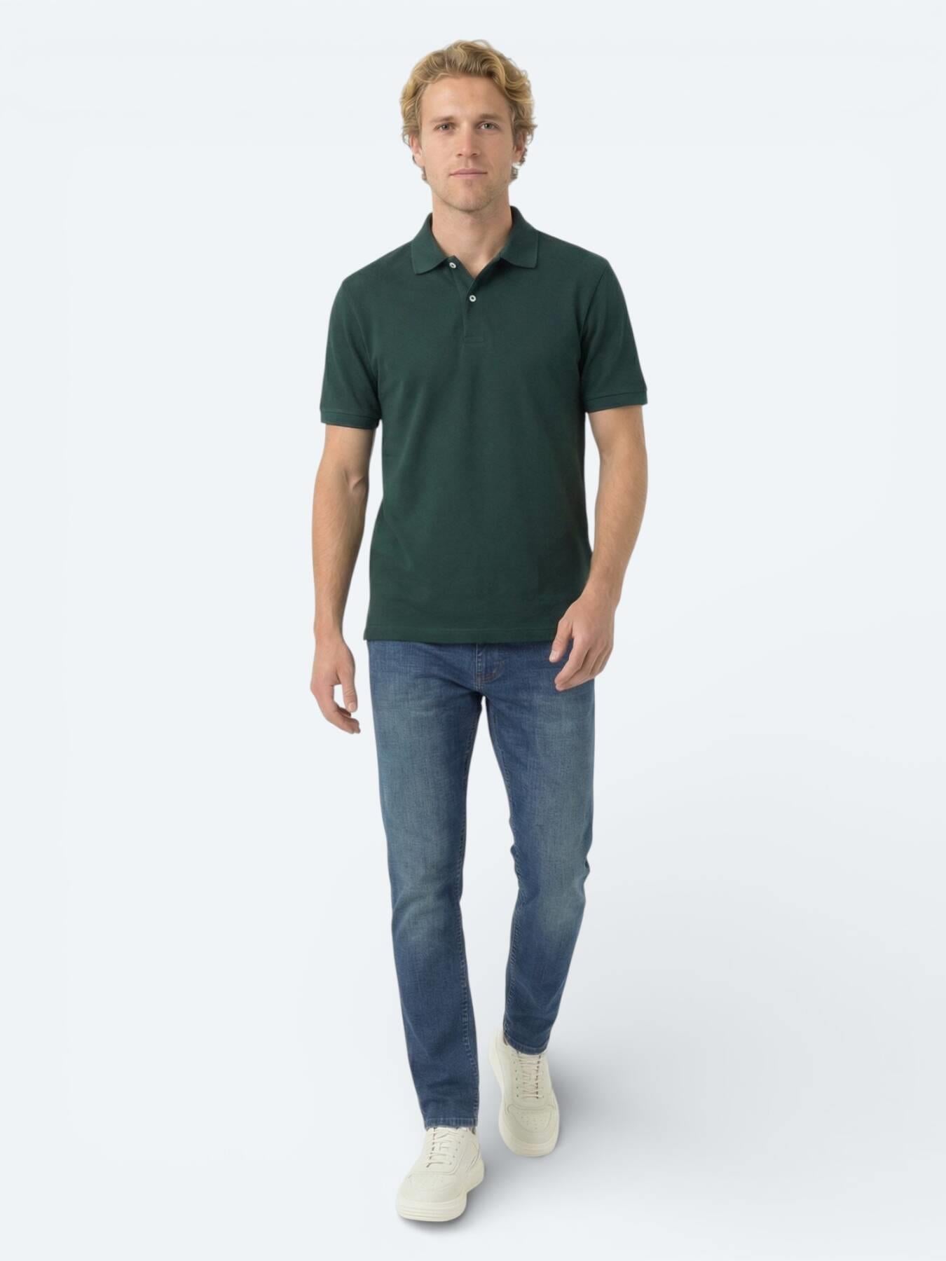 Yeşil Düz Polo Yaka Pamuk Karışımlı T-shirt