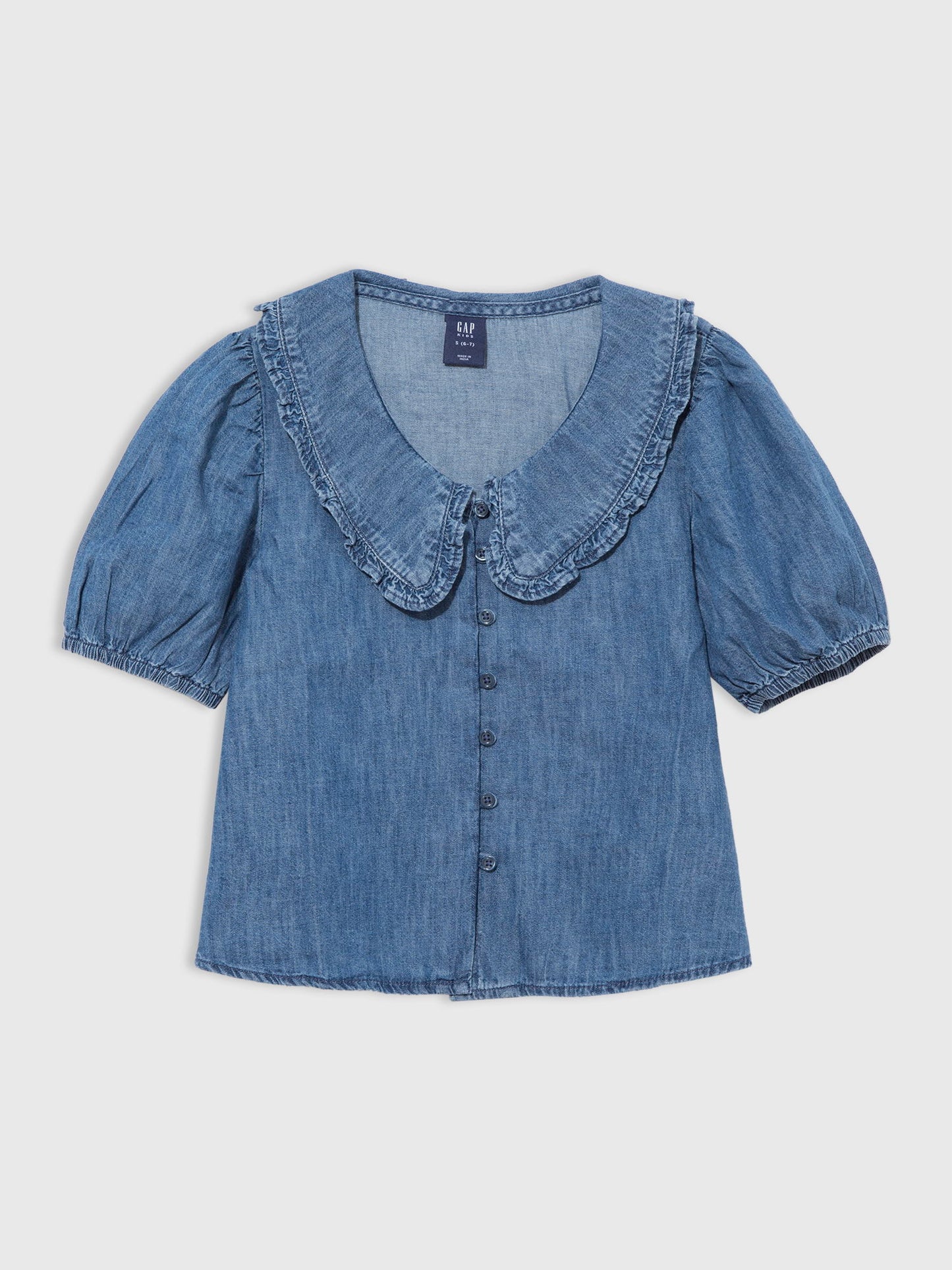 Koyu Mavi Fırfır Yakalı Denim Gömlek