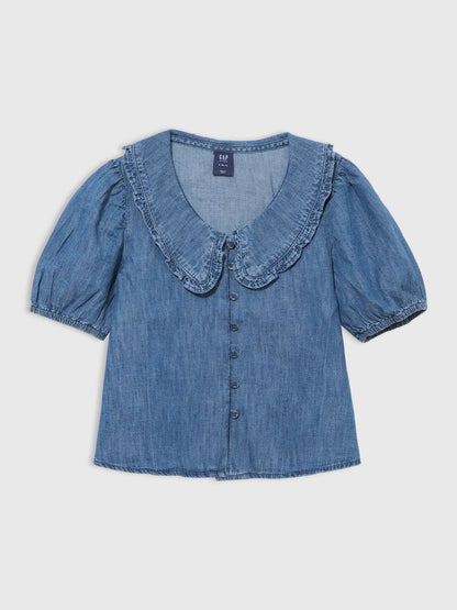 Koyu Mavi Fırfır Yakalı Denim Gömlek