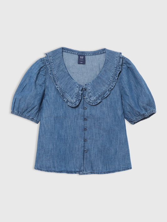 Koyu Mavi Fırfır Yakalı Denim Gömlek