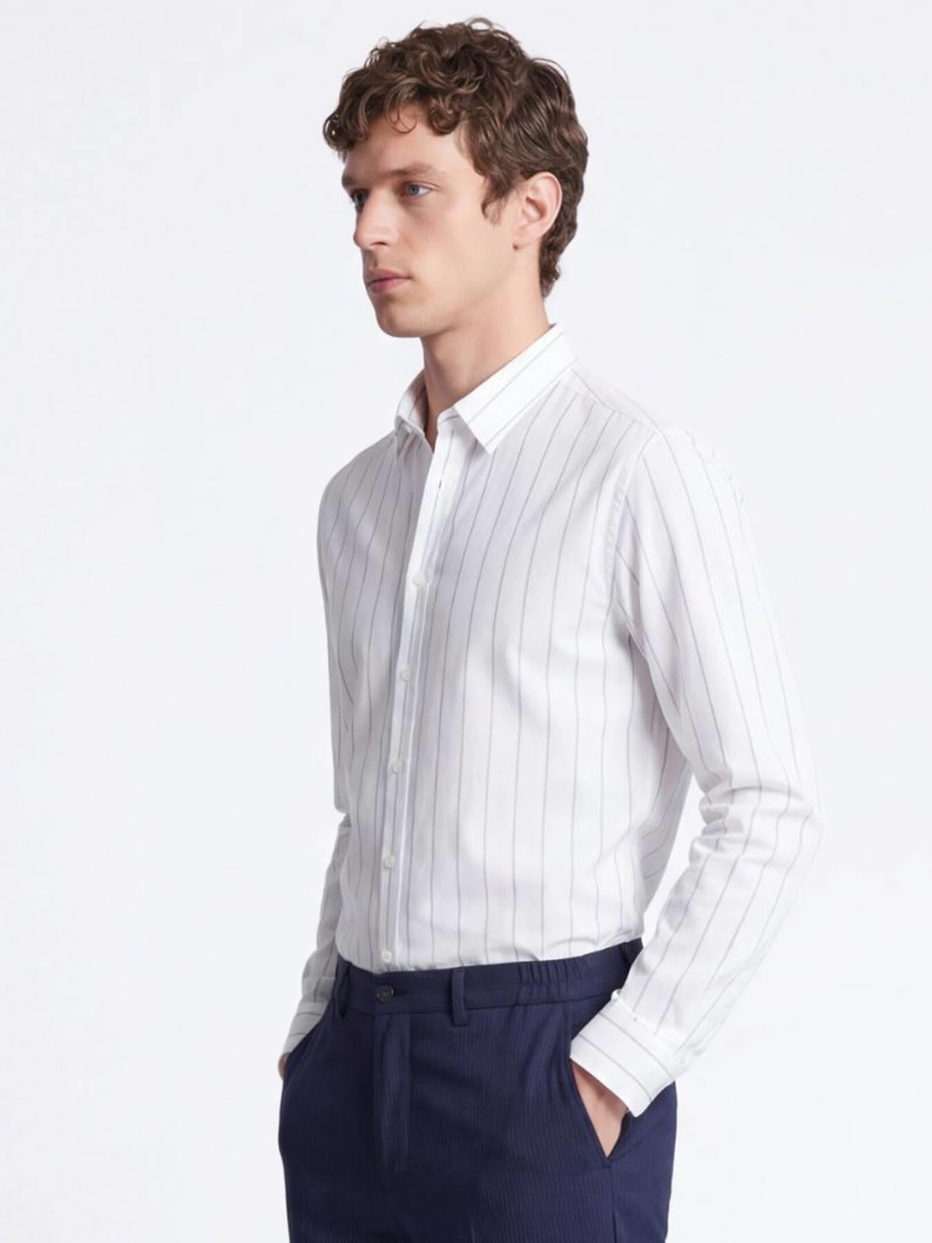 Beyaz Çizgili Regular Fit Uzun Dokuma Casual Pamuk Karışımlı Gömlek