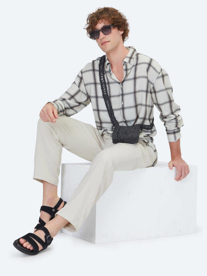 Bej Kareli Oversize Fit Uzun Dokuma Casual Gömlek