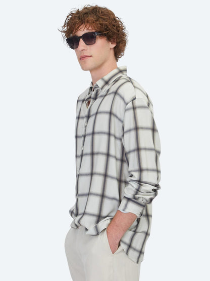 Bej Kareli Oversize Fit Uzun Dokuma Casual Gömlek