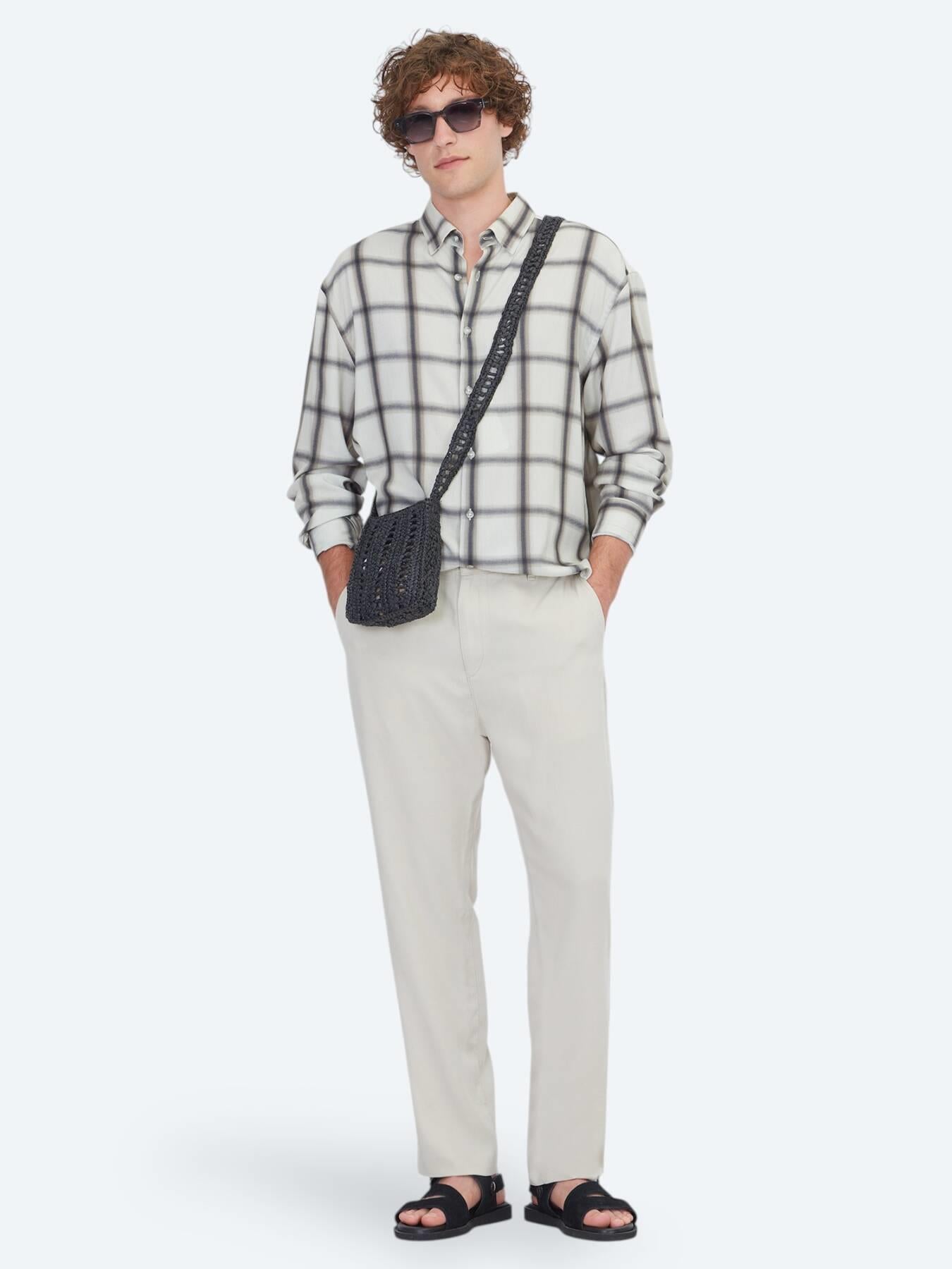 Bej Kareli Oversize Fit Uzun Dokuma Casual Gömlek