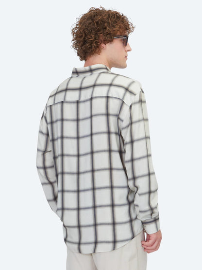 Bej Kareli Oversize Fit Uzun Dokuma Casual Gömlek