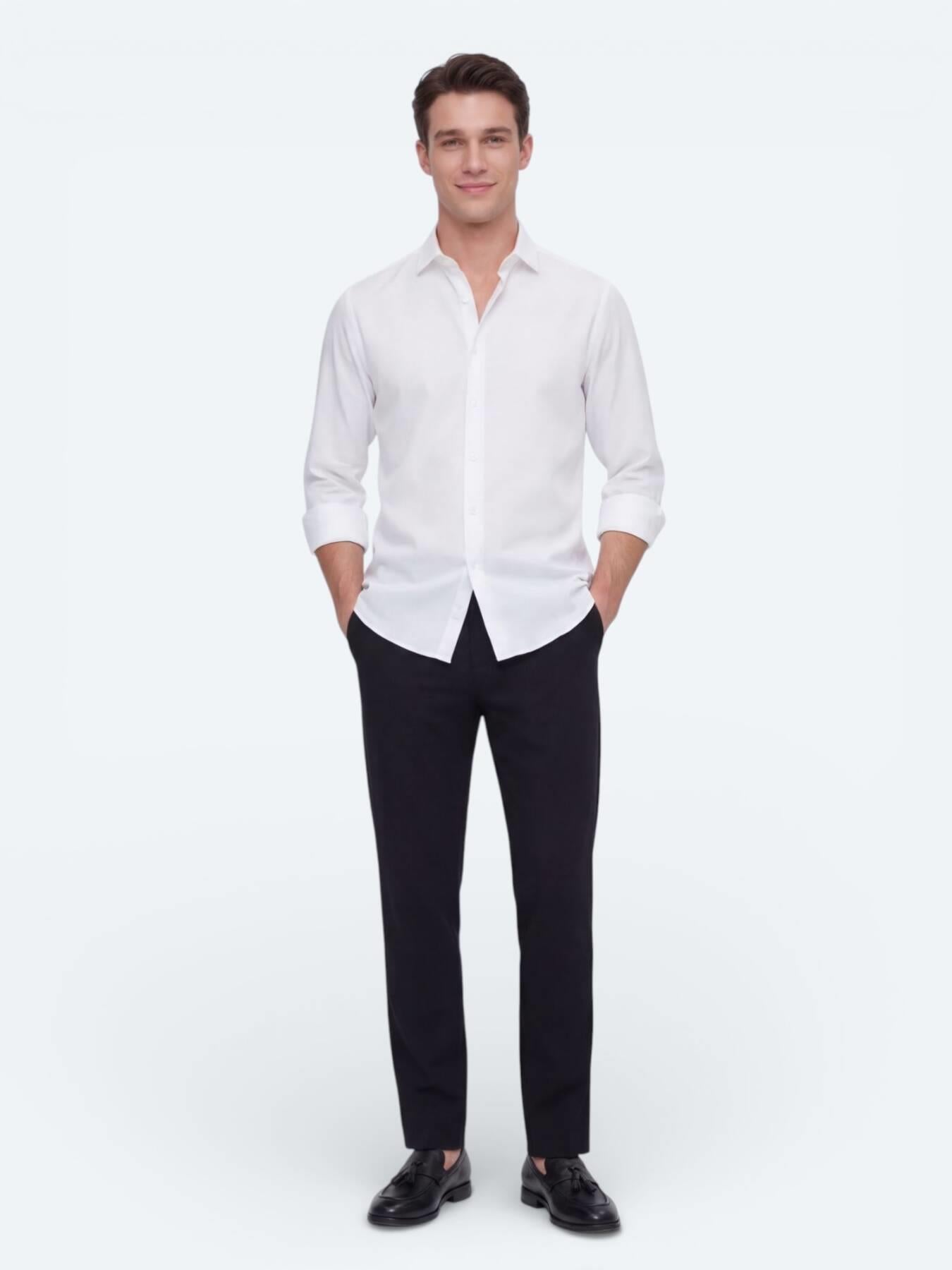 Beyaz Düz Regular Fit Uzun Dokuma Casual Gömlek