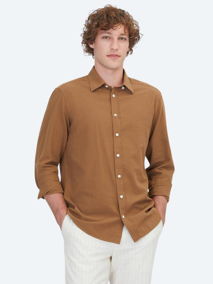 Açık Kahve Düz Regular Fit Uzun Dokuma Casual %100 Pamuk Gömlek