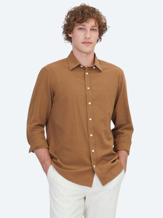 Açık Kahve Düz Regular Fit Uzun Dokuma Casual %100 Pamuk Gömlek