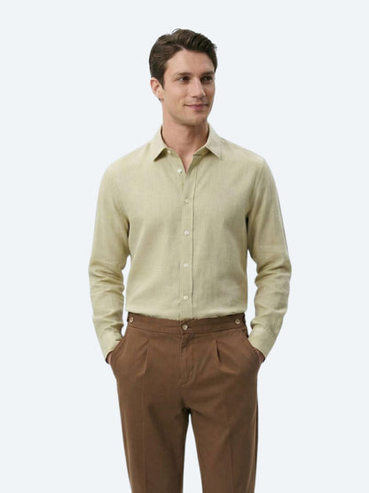 Yağ Yeşili Düz Regular Fit Uzun Dokuma Casual %100 Pamuk Gömlek
