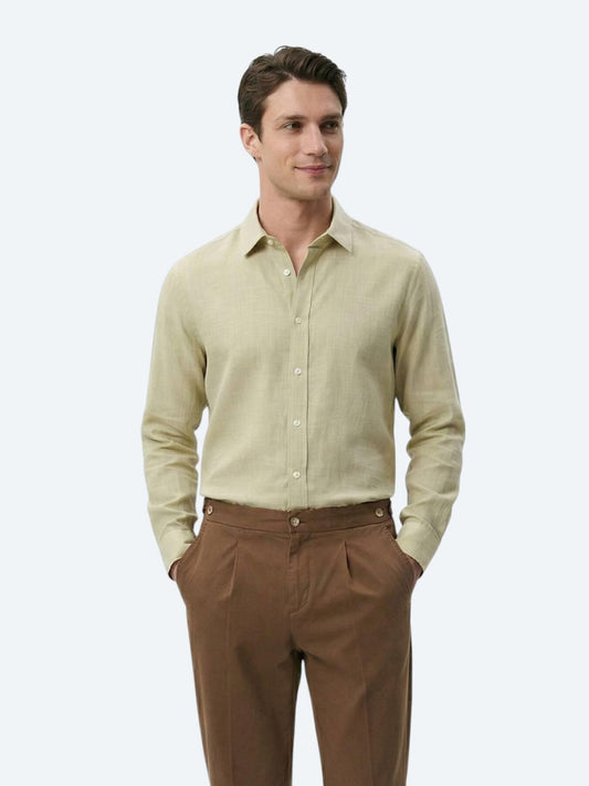 Yağ Yeşili Düz Regular Fit Uzun Dokuma Casual %100 Pamuk Gömlek