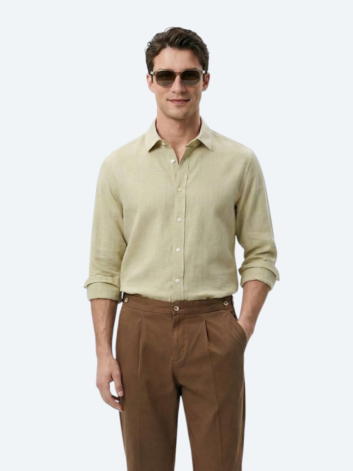 Yağ Yeşili Düz Regular Fit Uzun Dokuma Casual %100 Pamuk Gömlek