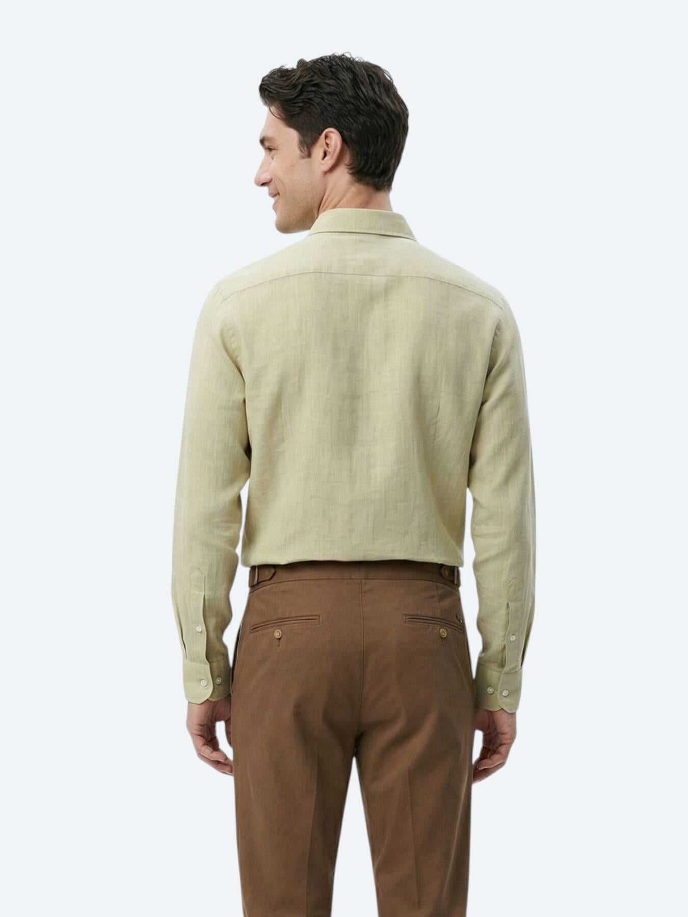 Yağ Yeşili Düz Regular Fit Uzun Dokuma Casual %100 Pamuk Gömlek