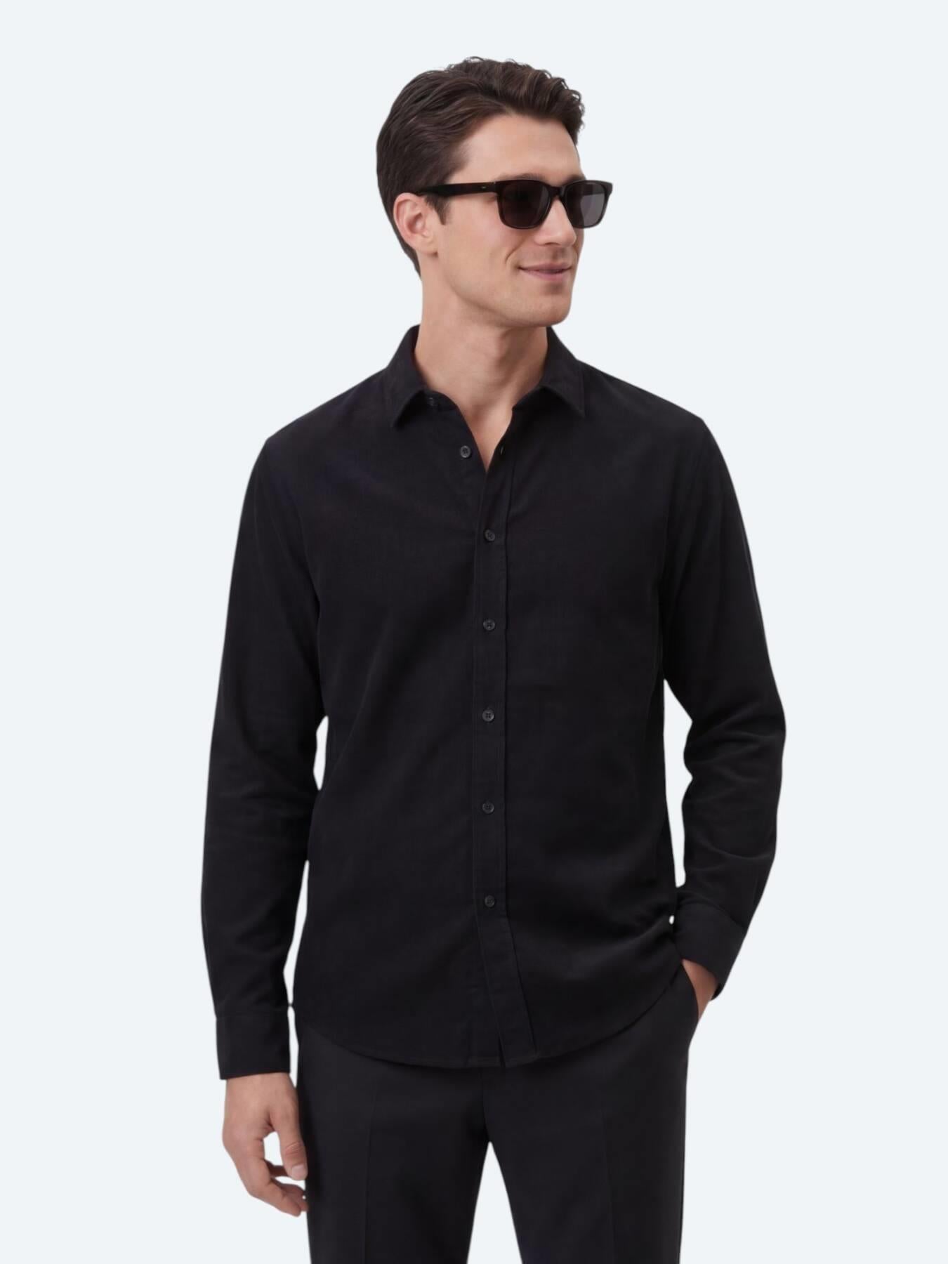 Siyah Düz Regular Fit Uzun Dokuma Casual %100 Pamuk Gömlek