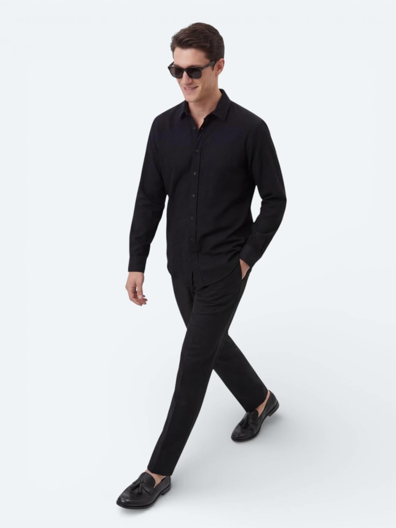 Siyah Düz Regular Fit Uzun Dokuma Casual %100 Pamuk Gömlek