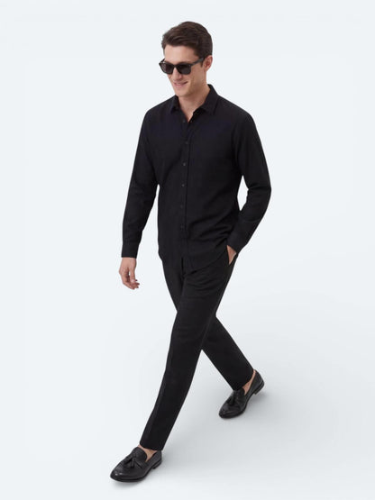Siyah Düz Regular Fit Uzun Dokuma Casual %100 Pamuk Gömlek