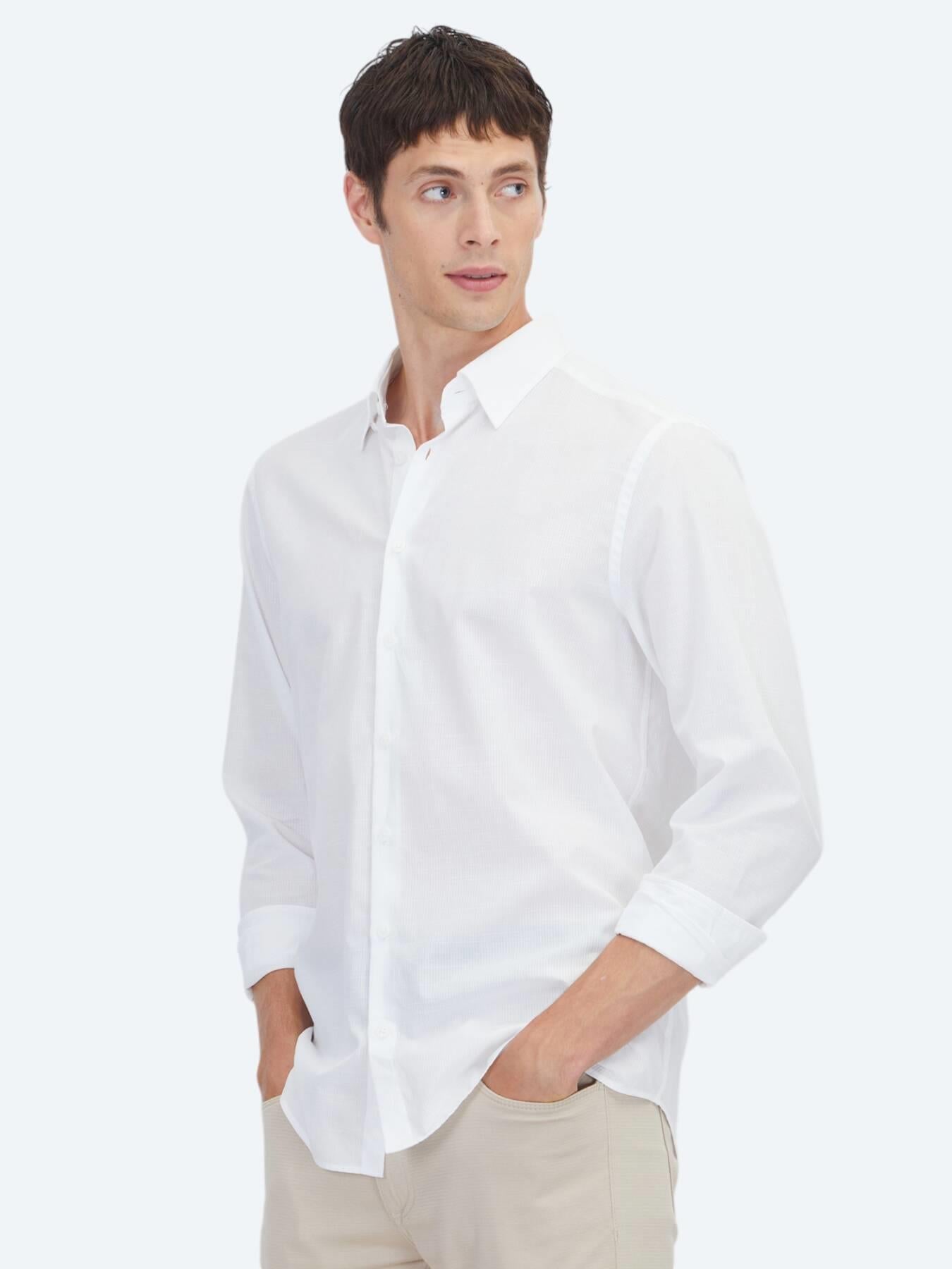 Beyaz Düz Regular Fit Uzun Dokuma Casual %100 Pamuk Gömlek