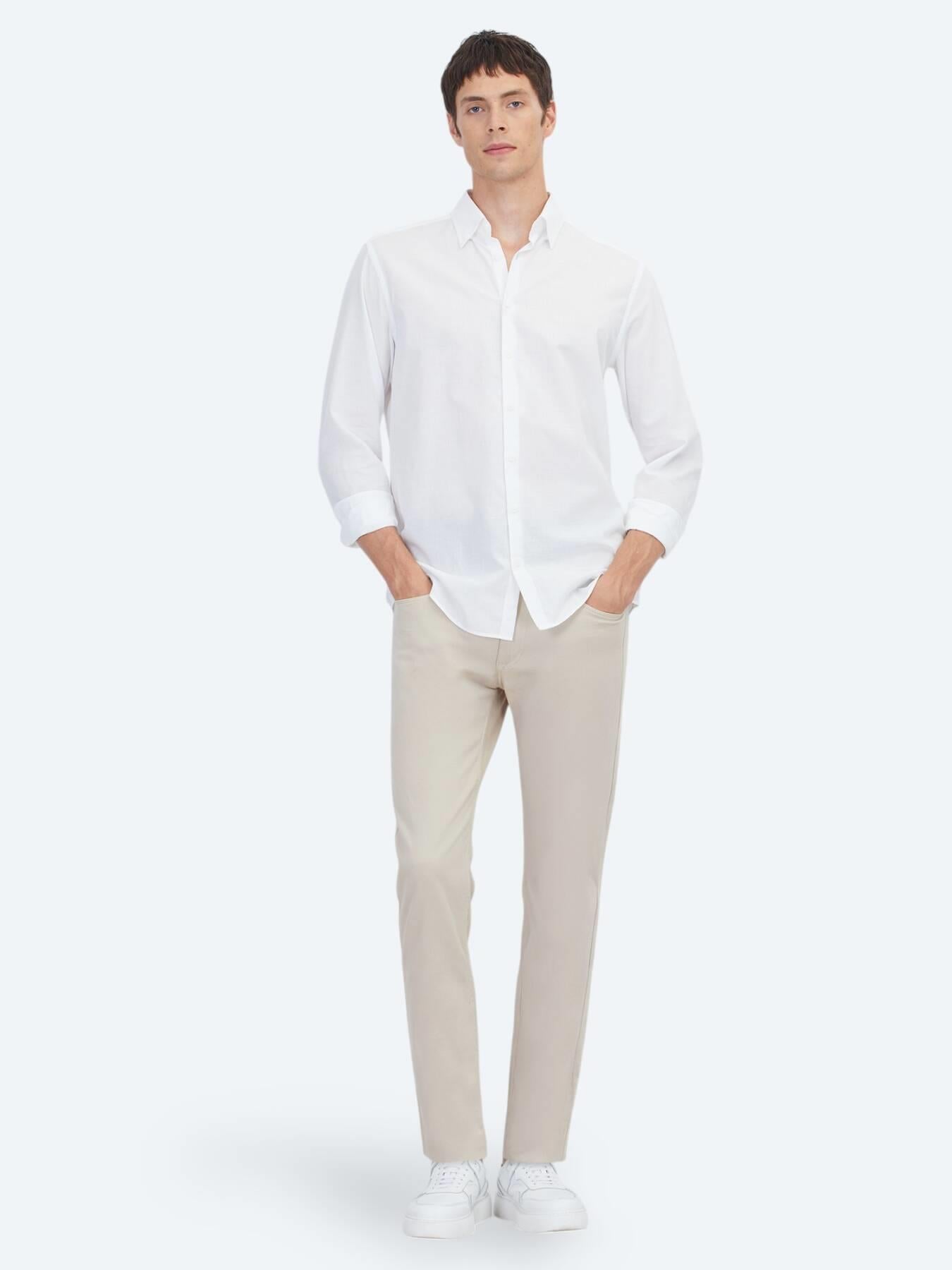Beyaz Düz Regular Fit Uzun Dokuma Casual %100 Pamuk Gömlek