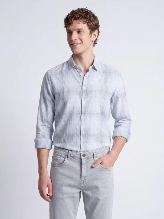 Lacivert Kareli Regular Fit Uzun Dokuma Casual Pamuk Karışımlı Gömlek