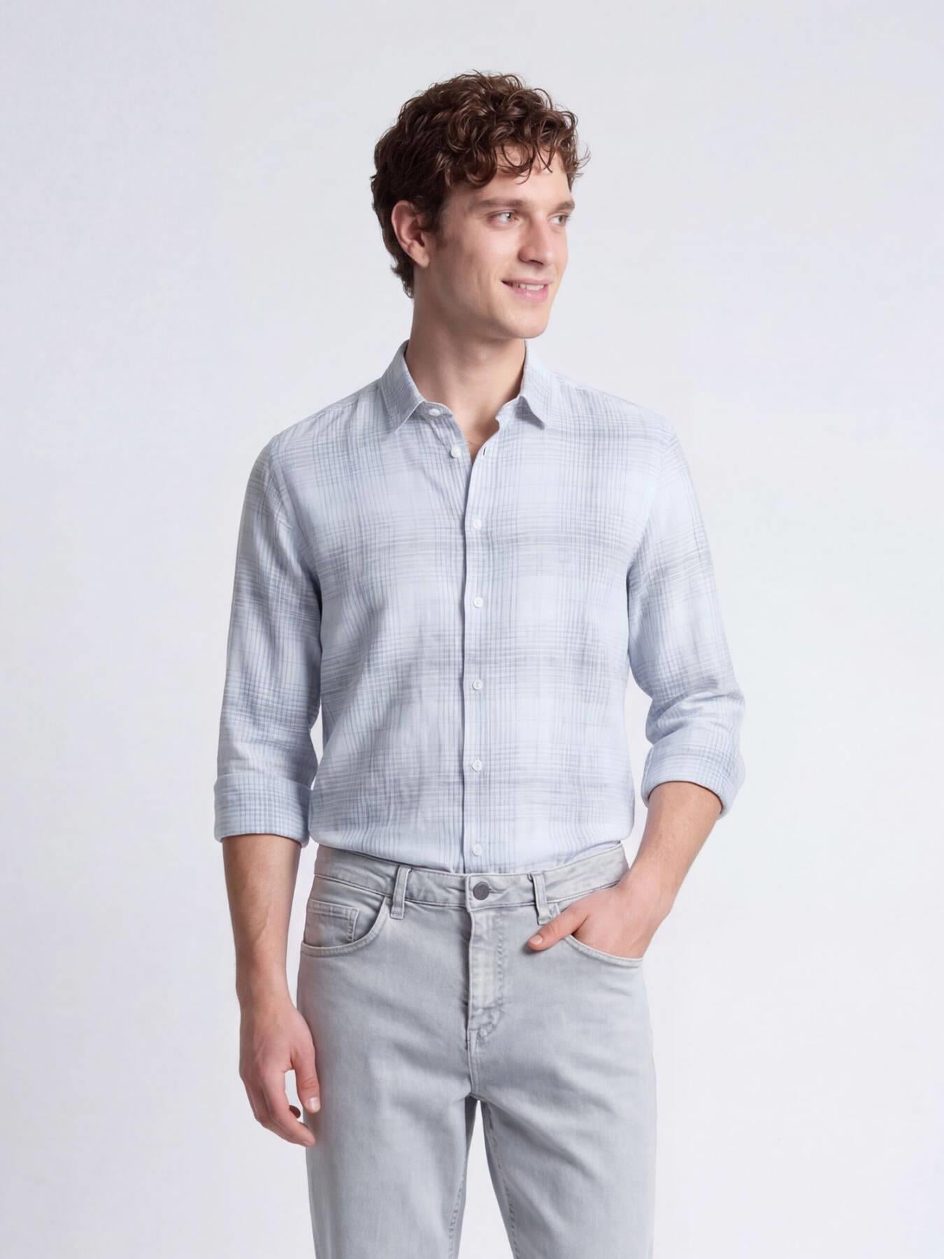 Lacivert Kareli Regular Fit Uzun Dokuma Casual Pamuk Karışımlı Gömlek