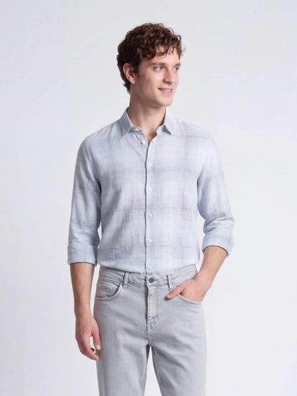 Lacivert Kareli Regular Fit Uzun Dokuma Casual Pamuk Karışımlı Gömlek