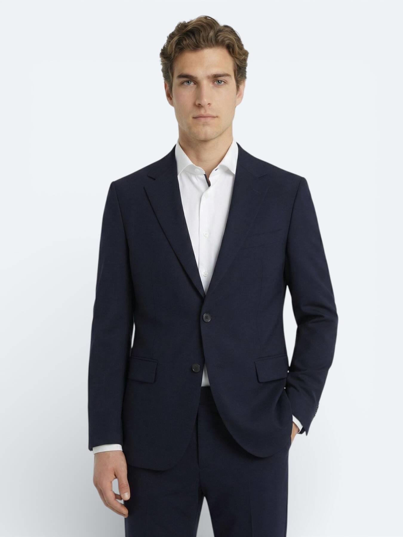 Lacivert Düz Modern Fit Yün Karışımlı Takım Elbise