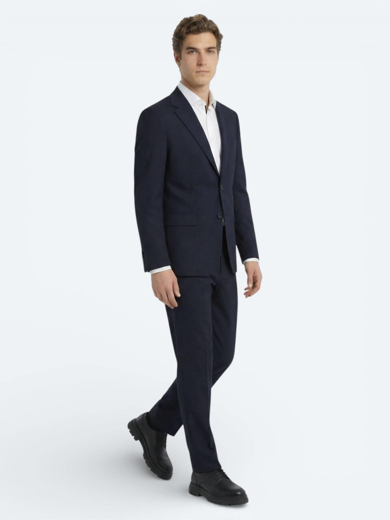 Lacivert Düz Modern Fit Yün Karışımlı Takım Elbise