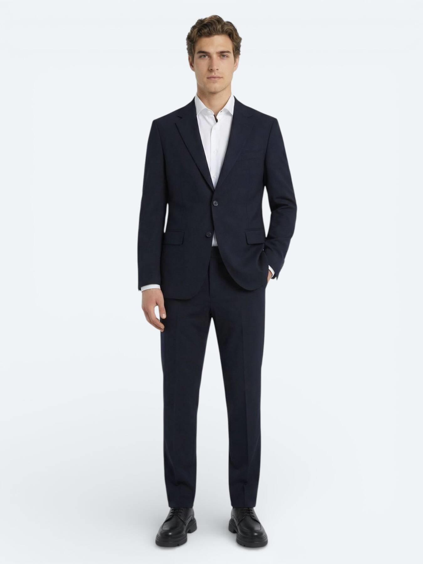 Lacivert Düz Modern Fit Yün Karışımlı Takım Elbise