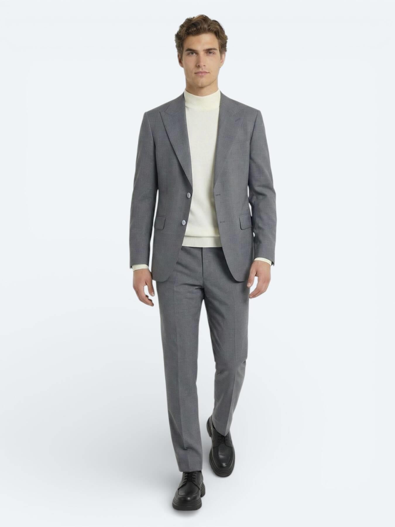 Gri Düz Modern Fit Yün Karışımlı Takım Elbise