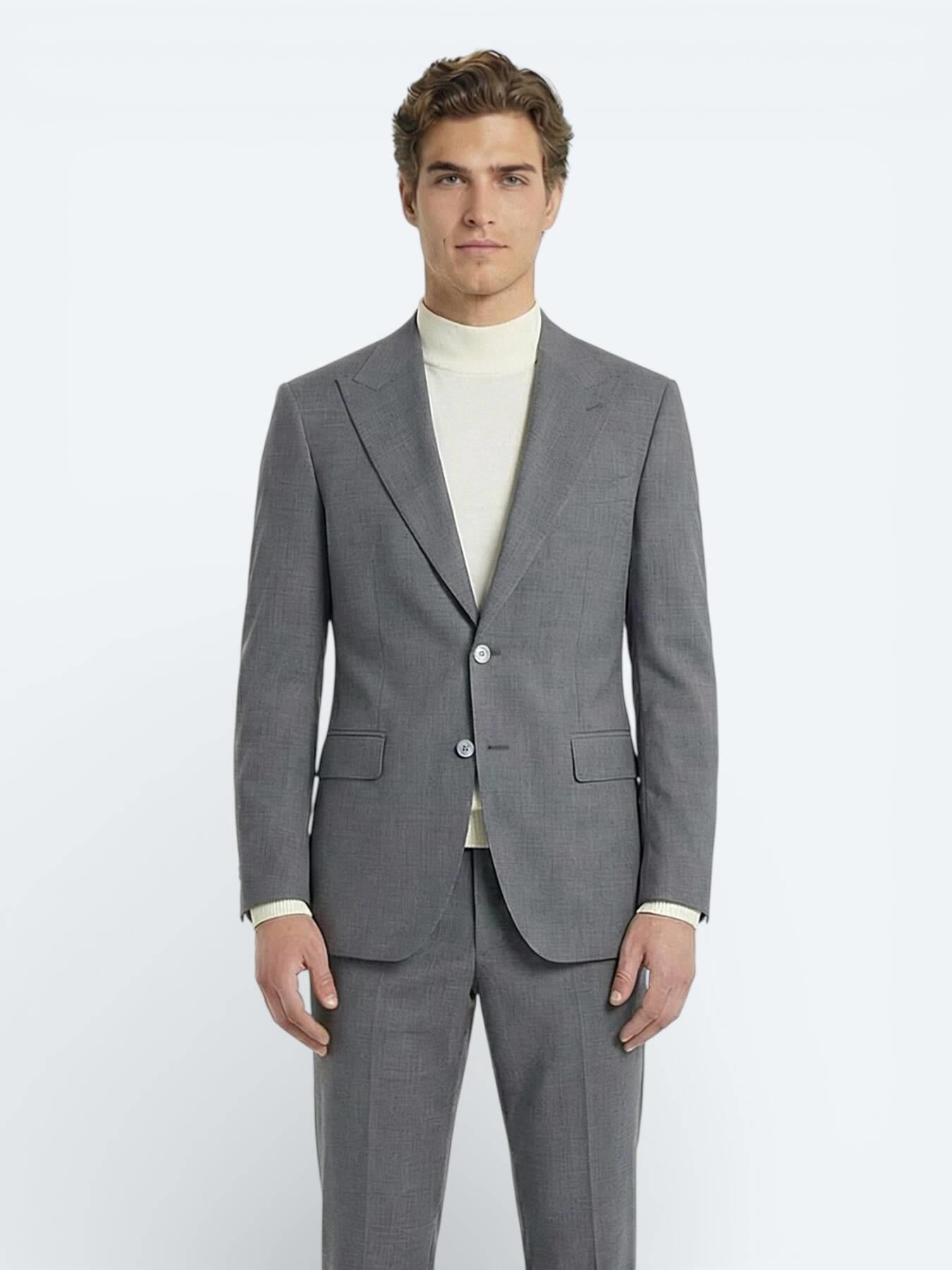 Gri Düz Modern Fit Yün Karışımlı Takım Elbise