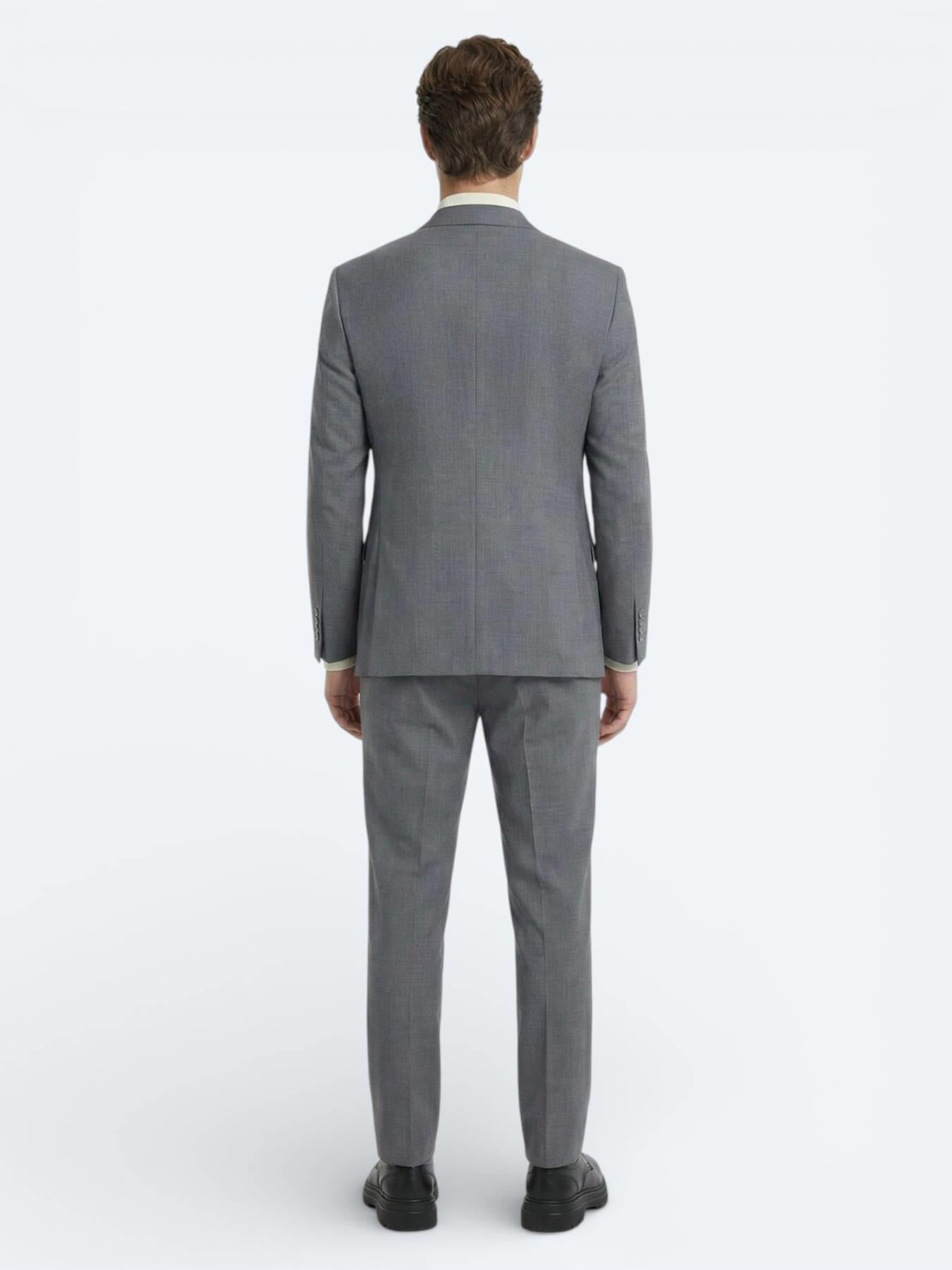 Gri Düz Modern Fit Yün Karışımlı Takım Elbise