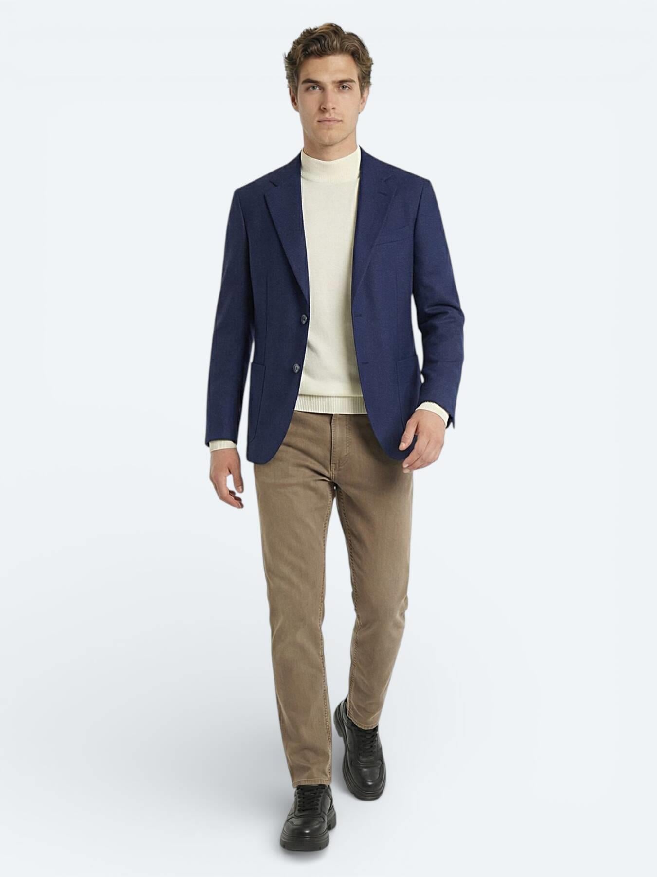 Indigo Desenli Modern Fit Yün Karışımlı Ceket