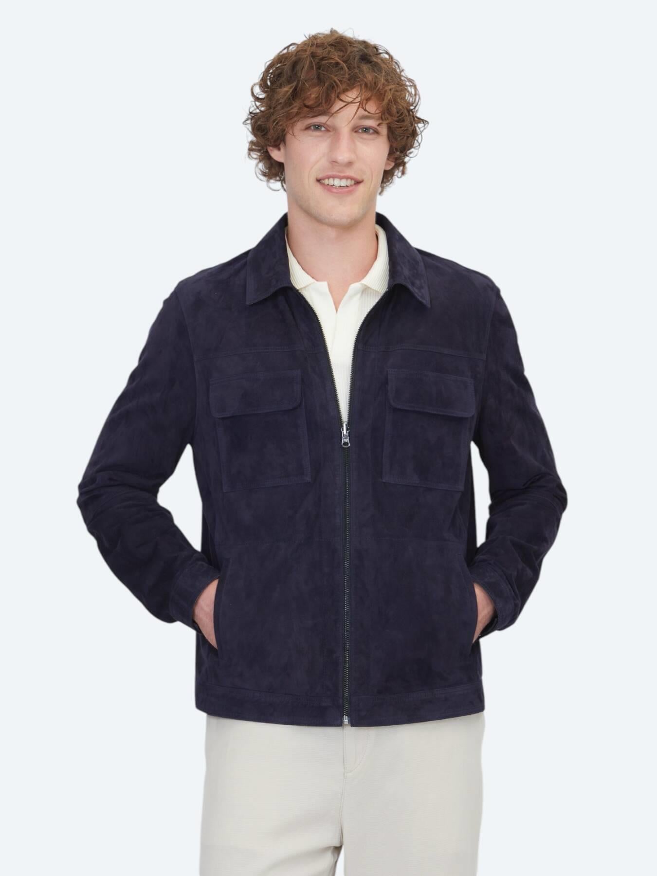 Koyu Lacivert Regular Fit Gömlek Yaka Smart Casual Çift Taraflı Deri Mont